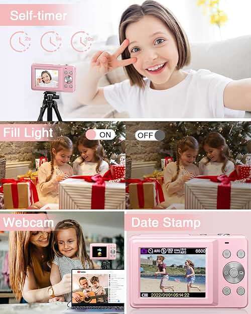 Lecran Digital Camera, FHD 1080P Point and Shoot Camera for Kids Teens Starters, with 32GB Card 16X Zoom Anti Shake Date Stamp, Compact Small Camera Christmas Birthday Gift for Boys Girls, Pink - Image 6