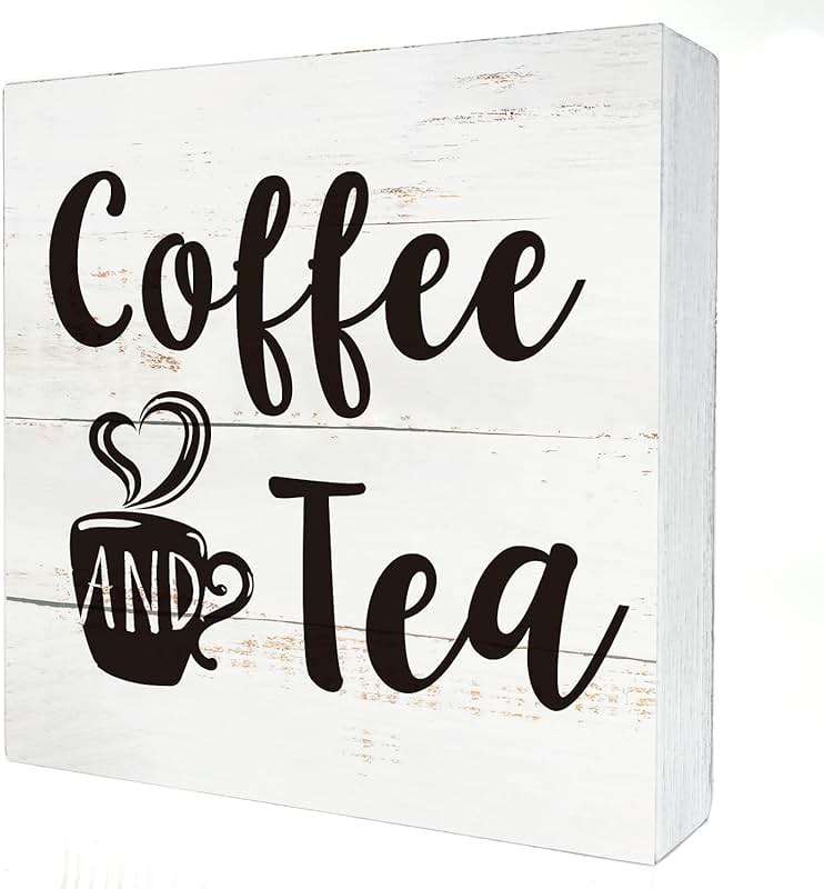 Coffee and Tea Wood Box Sign Kitchen Home Decor, Rustic Funny Coffee Wooden Box Sign Block Plaque for Wall Tabletop Desk Decoration - Image 1