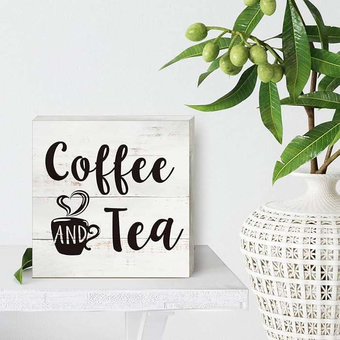 Coffee and Tea Wood Box Sign Kitchen Home Decor, Rustic Funny Coffee Wooden Box Sign Block Plaque for Wall Tabletop Desk Decoration - Image 2