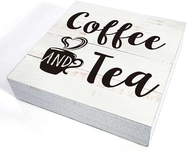 Coffee and Tea Wood Box Sign Kitchen Home Decor, Rustic Funny Coffee Wooden Box Sign Block Plaque for Wall Tabletop Desk Decoration - Image 4