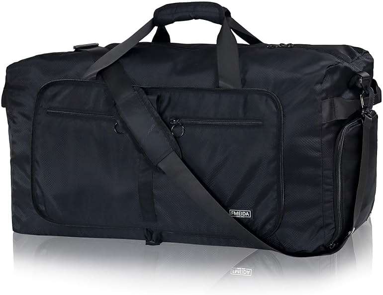 Fmeida 65L Duffle Bag with Shoes Compartment, Foldable Travel Duffel Bags for Men Women, Large Packable Travel Bag Water Repellent & Tear Resistant (Black) - Image 1