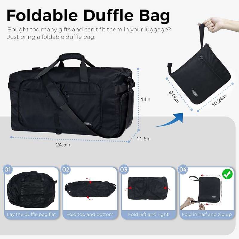 Fmeida 65L Duffle Bag with Shoes Compartment, Foldable Travel Duffel Bags for Men Women, Large Packable Travel Bag Water Repellent & Tear Resistant (Black) - Image 4