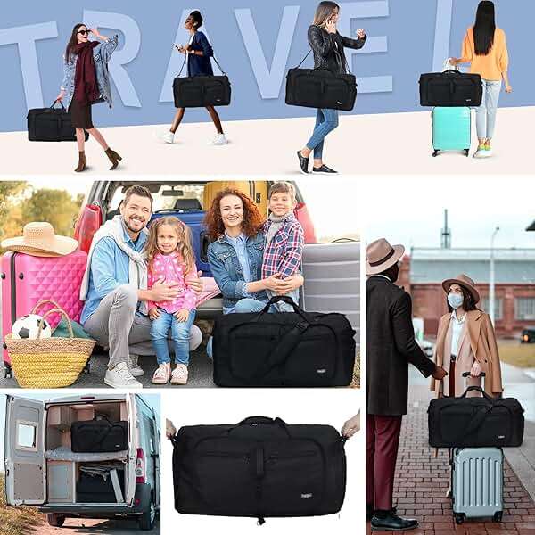 Fmeida 65L Duffle Bag with Shoes Compartment, Foldable Travel Duffel Bags for Men Women, Large Packable Travel Bag Water Repellent & Tear Resistant (Black) - Image 5