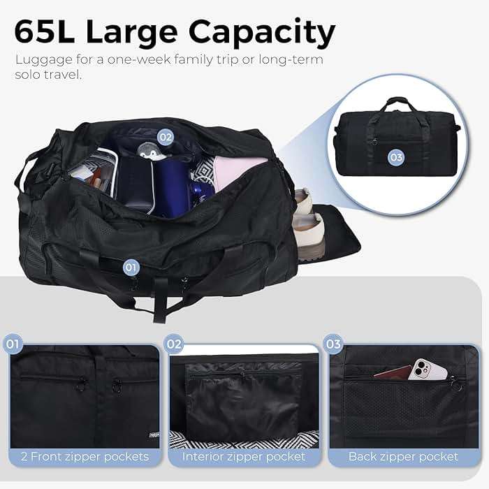 Fmeida 65L Duffle Bag with Shoes Compartment, Foldable Travel Duffel Bags for Men Women, Large Packable Travel Bag Water Repellent & Tear Resistant (Black) - Image 6