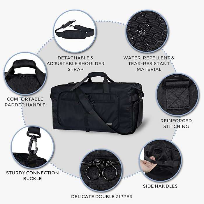 Fmeida 65L Duffle Bag with Shoes Compartment, Foldable Travel Duffel Bags for Men Women, Large Packable Travel Bag Water Repellent & Tear Resistant (Black) - Image 8