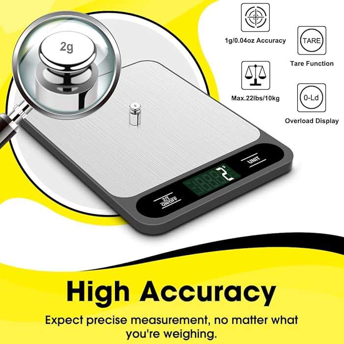 Mik-Nana Food Scale, 10kg/22lb Digital Kitchen Scale Weight Grams and Ounces for Baking Cooking Coffee Package Postage, 6 Units with Tare Function, LCD Display, Easy Clean Stainless Steel - Image 6