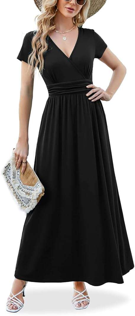 ANRILITA Women's 2026 Wrap V Neck Maxi Dress Short Sleeve Empire Waist Flowy Summer Long Dresses with Pocket Casual for Beach - Image 1