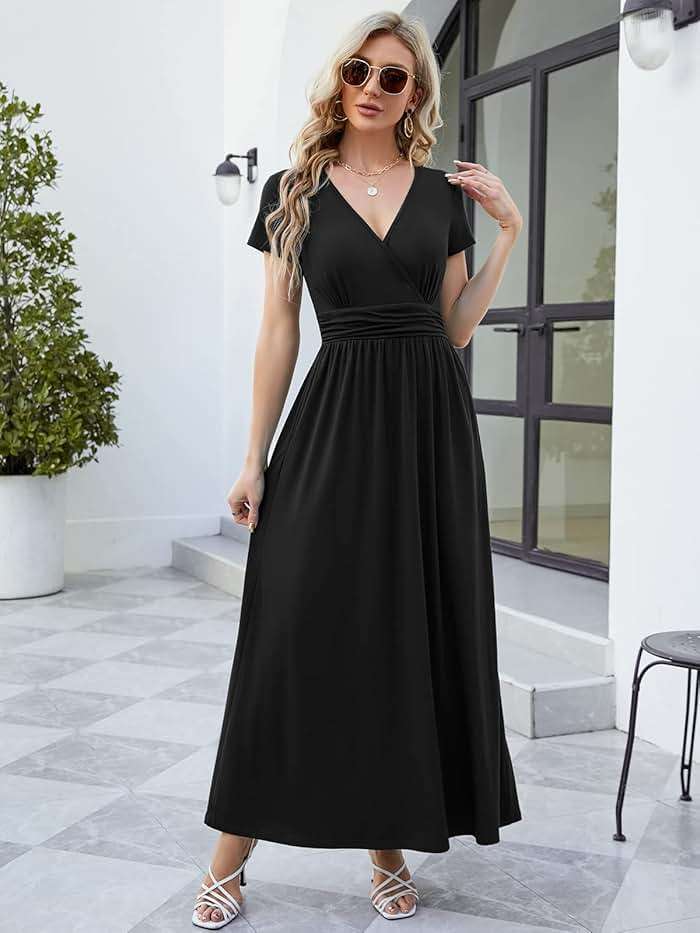 ANRILITA Women's 2026 Wrap V Neck Maxi Dress Short Sleeve Empire Waist Flowy Summer Long Dresses with Pocket Casual for Beach - Image 2