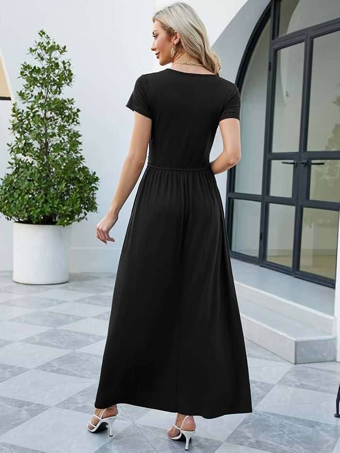 ANRILITA Women's 2026 Wrap V Neck Maxi Dress Short Sleeve Empire Waist Flowy Summer Long Dresses with Pocket Casual for Beach - Image 6