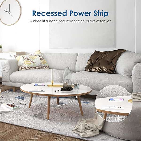 Recessed Power Strip with 30W USB C,Ultra Thin Flat Plug Power Strip,2 Outlets 4 USB Ports,Furniture Flush Mount Desk Outlet,Recessed Outlet for Side Table/Sofa Table,6ft Cord (White) - Image 6