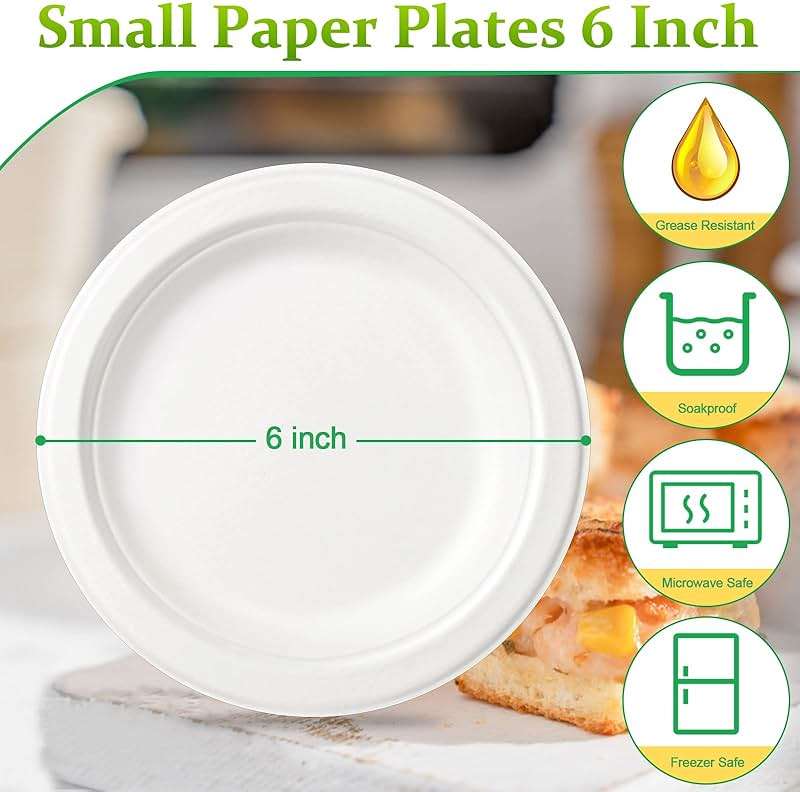Greconv 300 Pack 6 inch Paper Plates, Small Paper Plates Bulk, Disposable Dessert Paper Plates, Compostable Plates Made from Sugarcane Fibers, Recycled Plates, White - Image 3