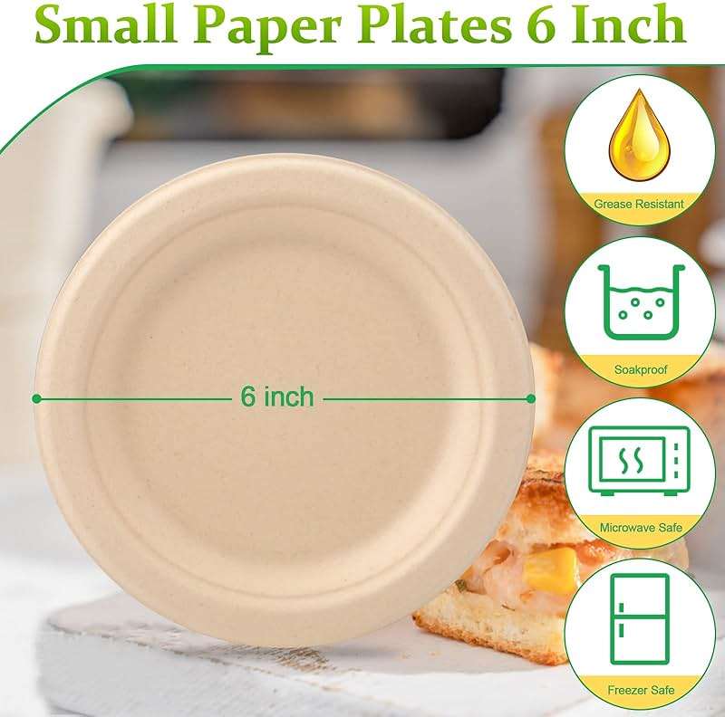 Greconv 300 Pack 6 inch Paper Plates, Small Paper Plates Bulk, Disposable Dessert Paper Plates, Compostable Plates Made from Sugarcane Fibers, Recycled Plates, Brown - Image 3