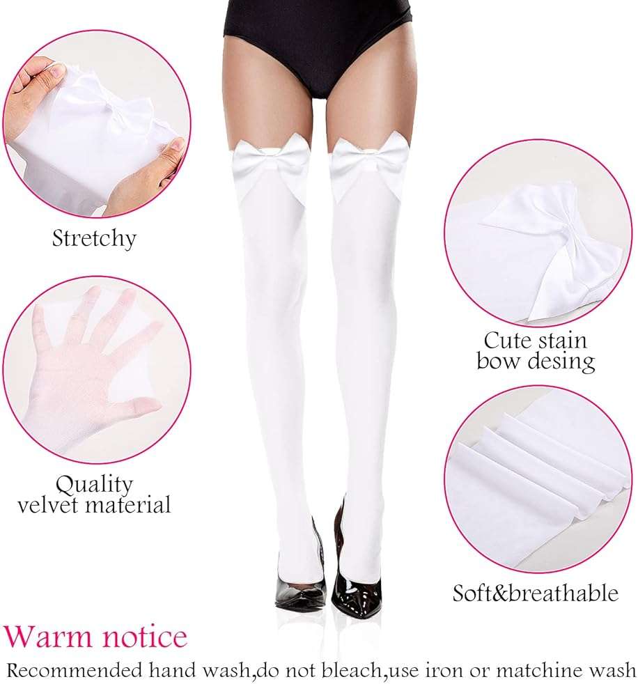 Hillban Womens Satin Bow Thigh Highs Stockings over Knee for Women Daily Wear Costume Accessory - Image 3