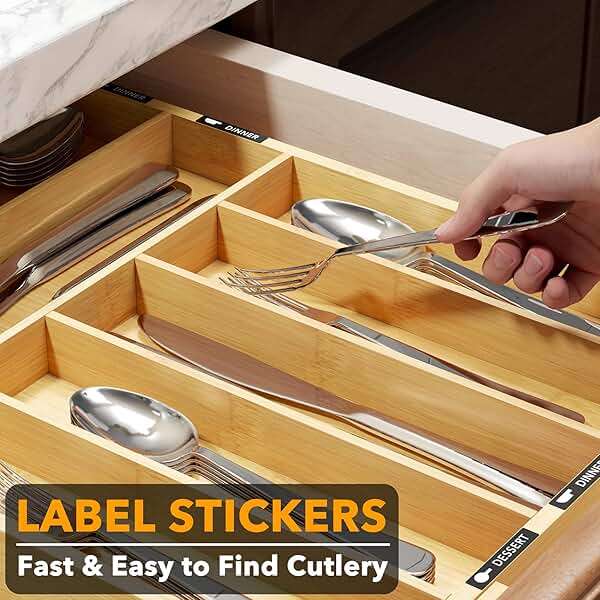 SpaceAid Bamboo Silverware Drawer Organizer with Labels, Kitchen Utensil Expandable Tray Holder Organizer for Flatware, Cutlery, Spoon and Knives Drawer Storage Organization (Natural, 10 Slots) - Image 5