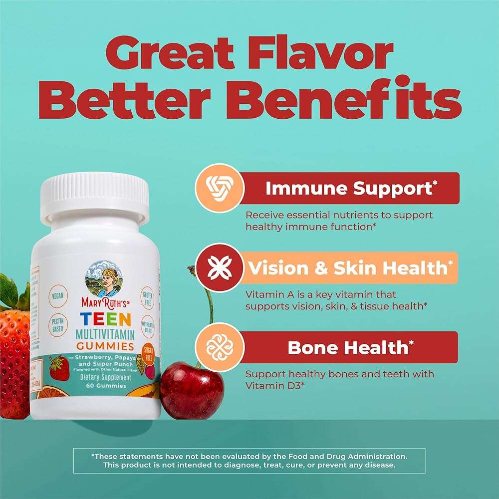 MaryRuth's Multivitamin Gummies for Teens | Vitamin D3, A, C, E, B6, B12, Zinc, Iodine, Biotin | Immunity | Tissue, Vision, & Skin Health | Vegan | Non-GMO | Sugar Free | Gluten Free | 60 Count - Image 4