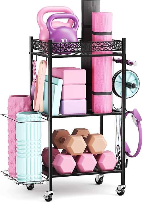 Yoga Mat Storage Rack, Home Gym Storage Rack, VOPEAK Workout Storage for Yoga Mat, Foam Roller, Gym Organizer Gym Equipment Storage for Home Exercise and Fitness Gear - Image 1
