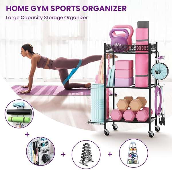 Yoga Mat Storage Rack, Home Gym Storage Rack, VOPEAK Workout Storage for Yoga Mat, Foam Roller, Gym Organizer Gym Equipment Storage for Home Exercise and Fitness Gear - Image 2