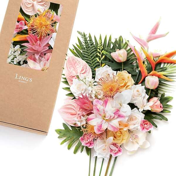 Ling's moment Fake Flowers Box, Faux Artificial Greenery Stems Foam Roses Anthuriums Silk Orchid Palm Leaf Fabic Flower for Centerpieces Bouquet Wedding Floral Vase, Sorbet Tropical, Deluxe Combo - Image 1