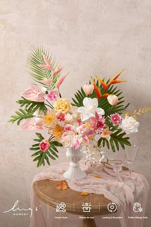 Ling's moment Fake Flowers Box, Faux Artificial Greenery Stems Foam Roses Anthuriums Silk Orchid Palm Leaf Fabic Flower for Centerpieces Bouquet Wedding Floral Vase, Sorbet Tropical, Deluxe Combo - Image 2