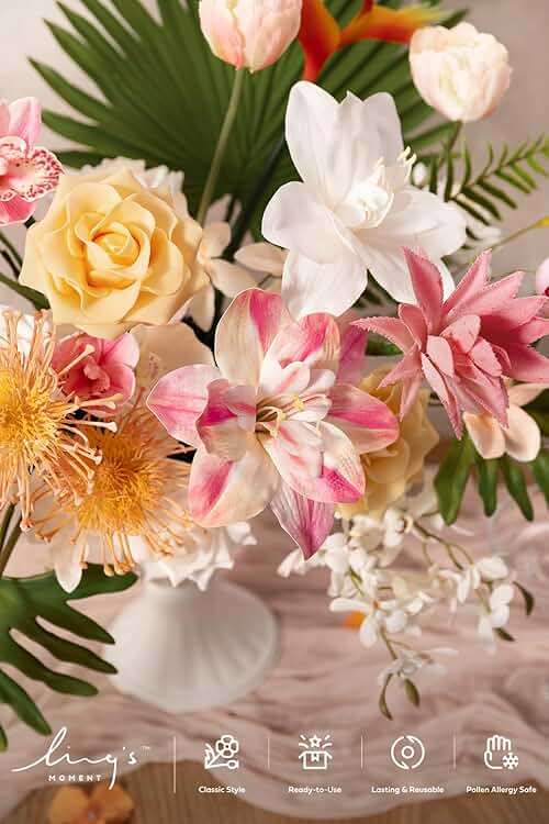 Ling's moment Fake Flowers Box, Faux Artificial Greenery Stems Foam Roses Anthuriums Silk Orchid Palm Leaf Fabic Flower for Centerpieces Bouquet Wedding Floral Vase, Sorbet Tropical, Deluxe Combo - Image 3