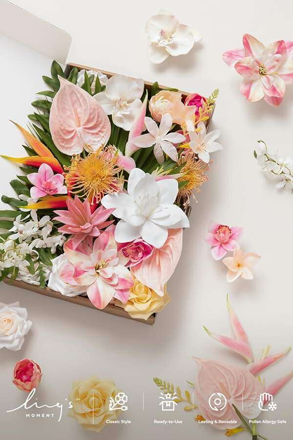 Ling's moment Fake Flowers Box, Faux Artificial Greenery Stems Foam Roses Anthuriums Silk Orchid Palm Leaf Fabic Flower for Centerpieces Bouquet Wedding Floral Vase, Sorbet Tropical, Deluxe Combo - Image 4