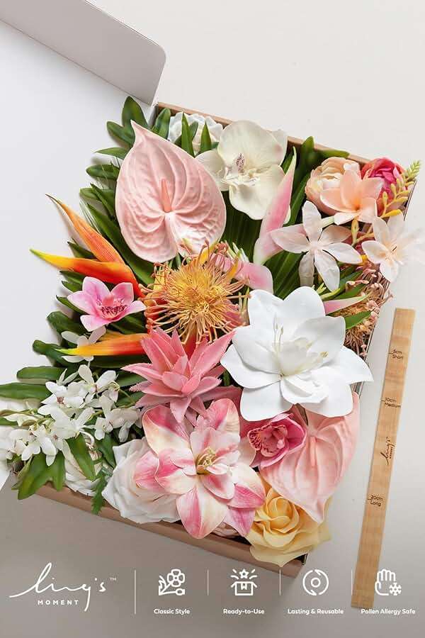 Ling's moment Fake Flowers Box, Faux Artificial Greenery Stems Foam Roses Anthuriums Silk Orchid Palm Leaf Fabic Flower for Centerpieces Bouquet Wedding Floral Vase, Sorbet Tropical, Deluxe Combo - Image 5
