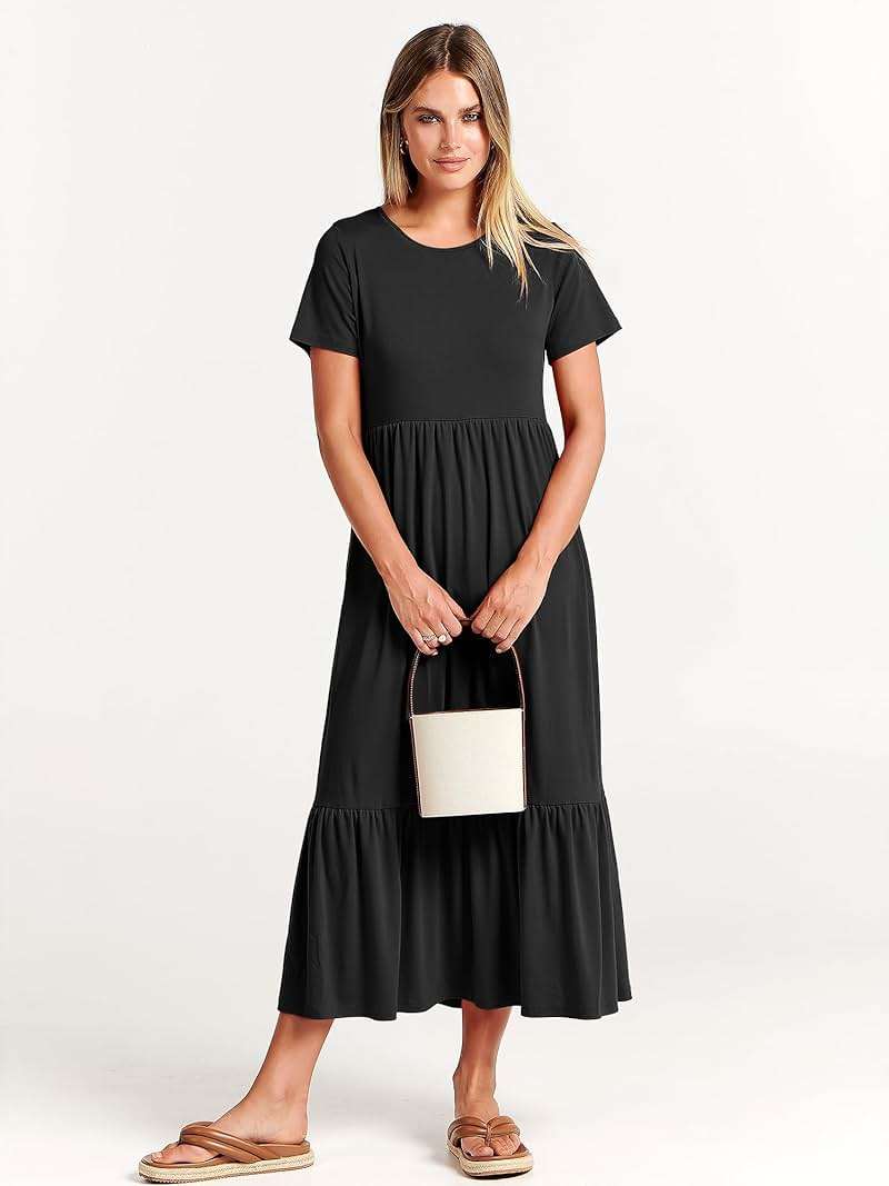 ANRABESS Womens 2026 Summer Casual Maxi Dress A line Tiered Flowy Short Sleeve Crewneck T Shirt Beach Travel Long Dresses - Image 2