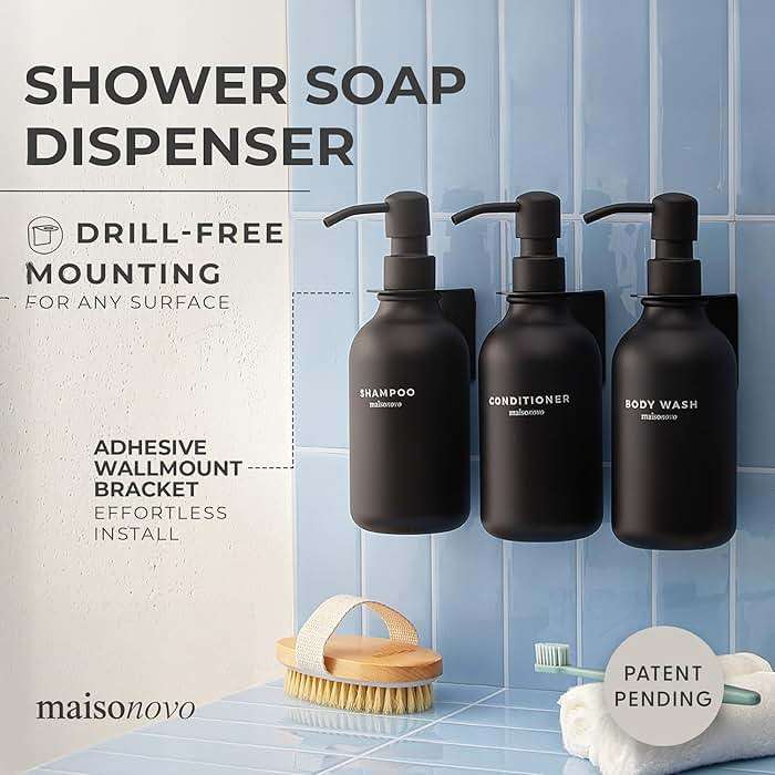 Shampoo and Conditioner Dispenser Wall Mounted Set of 3 Black - No Drill Shower Soap Dispenser for Bathroom Refillable - Spa Hotel Style Accessories by MaisoNovo - Image 2