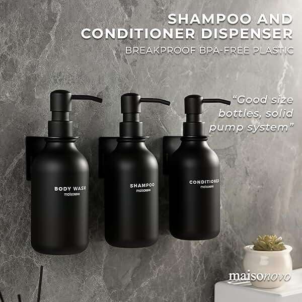 Shampoo and Conditioner Dispenser Wall Mounted Set of 3 Black - No Drill Shower Soap Dispenser for Bathroom Refillable - Spa Hotel Style Accessories by MaisoNovo - Image 3
