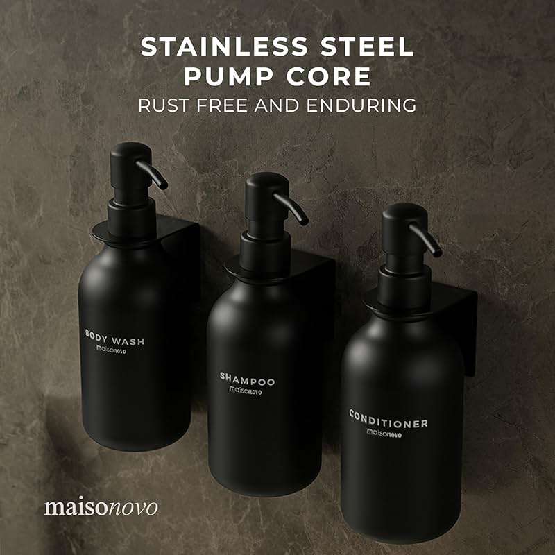 Shampoo and Conditioner Dispenser Wall Mounted Set of 3 Black - No Drill Shower Soap Dispenser for Bathroom Refillable - Spa Hotel Style Accessories by MaisoNovo - Image 4
