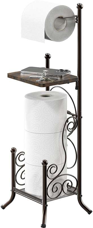 Simple Houseware English Style Bathroom Toilet Tissue Roll Holder Stand with Shelf, Bronze - Image 1