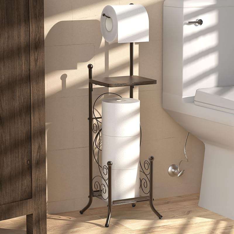Simple Houseware English Style Bathroom Toilet Tissue Roll Holder Stand with Shelf, Bronze - Image 2