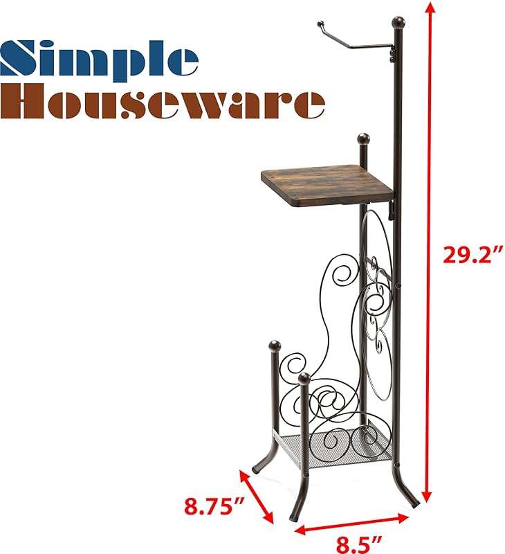 Simple Houseware English Style Bathroom Toilet Tissue Roll Holder Stand with Shelf, Bronze - Image 3