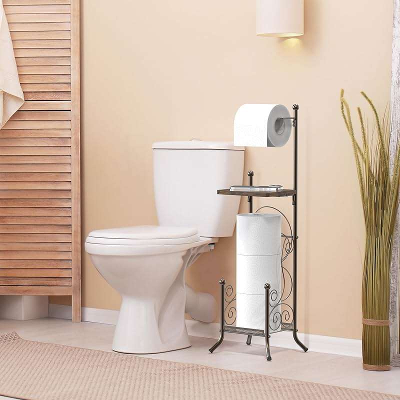 Simple Houseware English Style Bathroom Toilet Tissue Roll Holder Stand with Shelf, Bronze - Image 4
