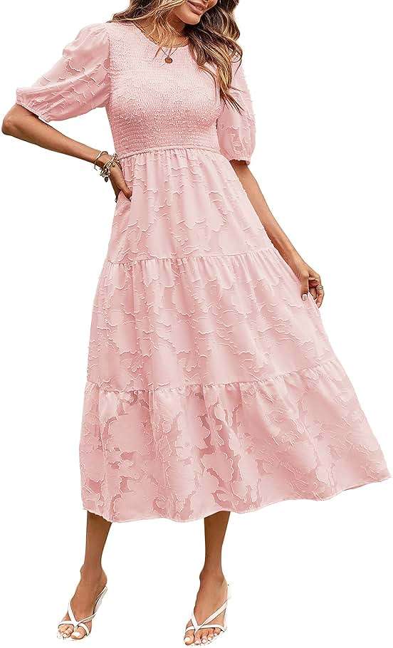 MEROKEETY Women's 2025 Summer Puff Sleeve Smocked Floral Dress Crewneck Lace Flowy Tiered Midi Dresses - Image 1