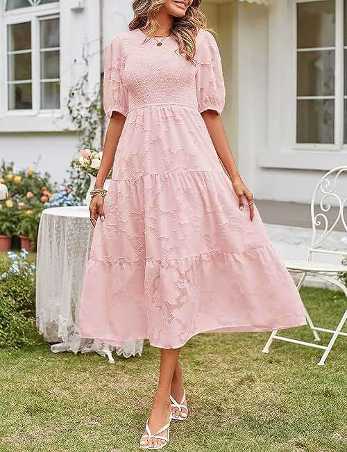 MEROKEETY Women's 2025 Summer Puff Sleeve Smocked Floral Dress Crewneck Lace Flowy Tiered Midi Dresses - Image 2