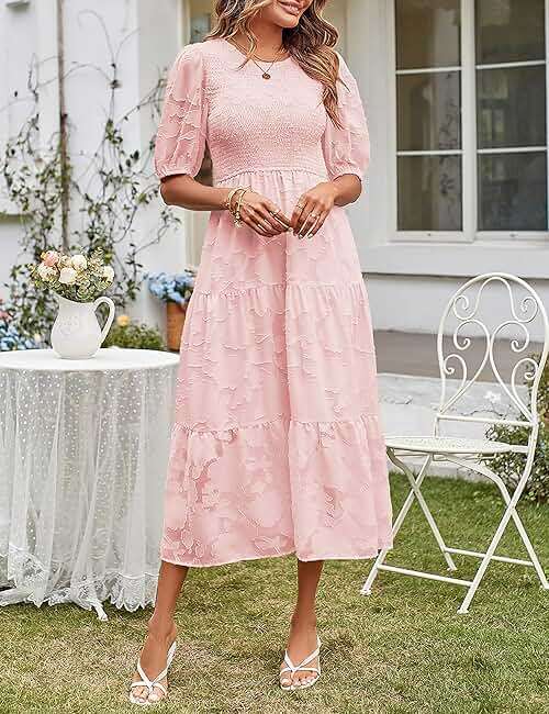MEROKEETY Women's 2025 Summer Puff Sleeve Smocked Floral Dress Crewneck Lace Flowy Tiered Midi Dresses - Image 3