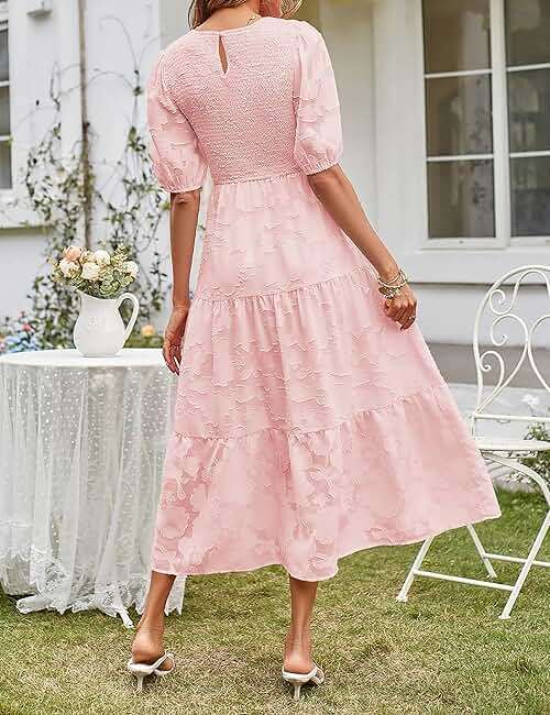 MEROKEETY Women's 2025 Summer Puff Sleeve Smocked Floral Dress Crewneck Lace Flowy Tiered Midi Dresses - Image 4