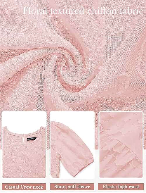 MEROKEETY Women's 2025 Summer Puff Sleeve Smocked Floral Dress Crewneck Lace Flowy Tiered Midi Dresses - Image 5