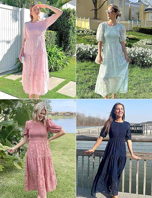 MEROKEETY Women's 2025 Summer Puff Sleeve Smocked Floral Dress Crewneck Lace Flowy Tiered Midi Dresses - Image 6