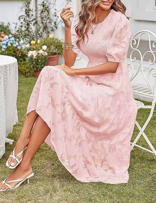 MEROKEETY Women's 2025 Summer Puff Sleeve Smocked Floral Dress Crewneck Lace Flowy Tiered Midi Dresses - Image 7