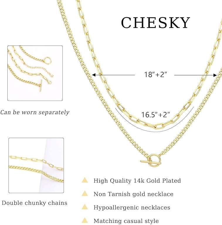 CHESKY Layered Necklaces for Women, 14K Gold Plated Chain Necklace Women Trendy Cuban Link Paperclip Chain Toggle Clasp Necklace Fashion Chunky Jewelry for Women - Image 5