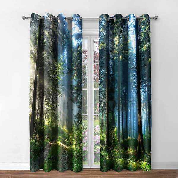 Jekeno Forest Tree Blackout Curtains - Blocking Window Curtain with Jungle Wild Weeds Nature Green Trees Scenery Print Decor Home Bedroom Living Room Grommet Window Drapes 2 Panel Set, 42"x84" - Image 3