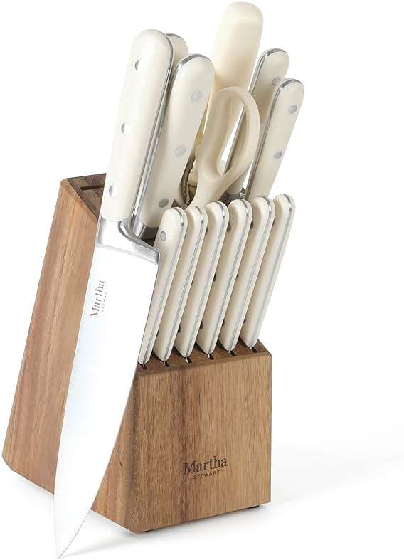 MARTHA STEWART Eastwalk 14 Piece High Carbon Stainless Steel Cutlery Kitchen Knife Block Set w/ABS Triple Riveted Forged Handle Acacia Wood Block - Linen White - Image 1
