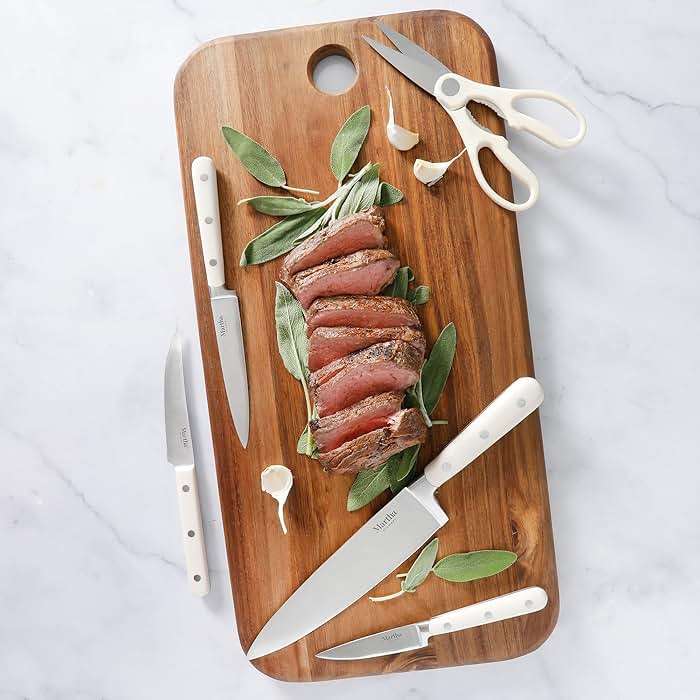 MARTHA STEWART Eastwalk 14 Piece High Carbon Stainless Steel Cutlery Kitchen Knife Block Set w/ABS Triple Riveted Forged Handle Acacia Wood Block - Linen White - Image 2