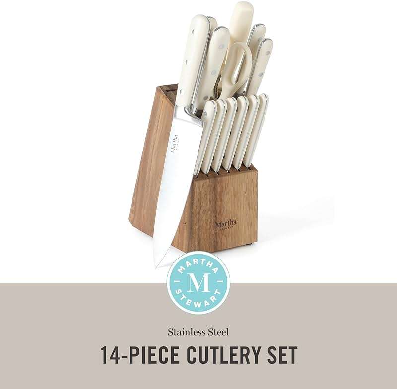 MARTHA STEWART Eastwalk 14 Piece High Carbon Stainless Steel Cutlery Kitchen Knife Block Set w/ABS Triple Riveted Forged Handle Acacia Wood Block - Linen White - Image 3