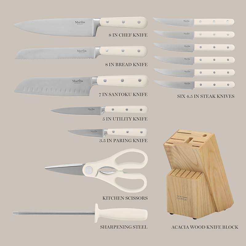 MARTHA STEWART Eastwalk 14 Piece High Carbon Stainless Steel Cutlery Kitchen Knife Block Set w/ABS Triple Riveted Forged Handle Acacia Wood Block - Linen White - Image 4