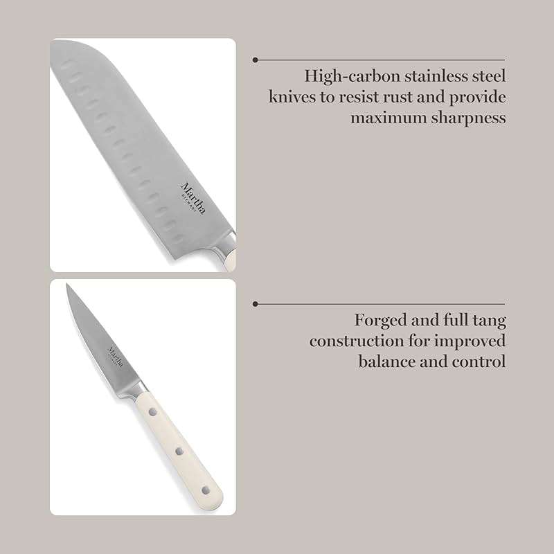 MARTHA STEWART Eastwalk 14 Piece High Carbon Stainless Steel Cutlery Kitchen Knife Block Set w/ABS Triple Riveted Forged Handle Acacia Wood Block - Linen White - Image 5