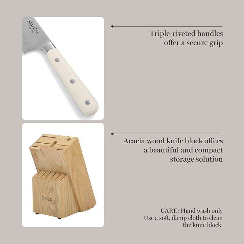 MARTHA STEWART Eastwalk 14 Piece High Carbon Stainless Steel Cutlery Kitchen Knife Block Set w/ABS Triple Riveted Forged Handle Acacia Wood Block - Linen White - Image 6
