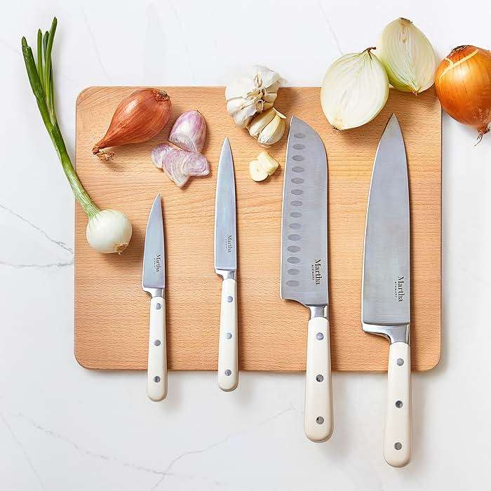 MARTHA STEWART Eastwalk 14 Piece High Carbon Stainless Steel Cutlery Kitchen Knife Block Set w/ABS Triple Riveted Forged Handle Acacia Wood Block - Linen White - Image 7